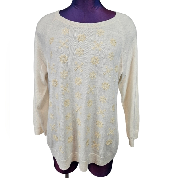 Talbots Cream Sequin Snowflake 3/4 Raglan‎ Sleeve Wool Sweater Size XL Women's - Picture 1 of 9